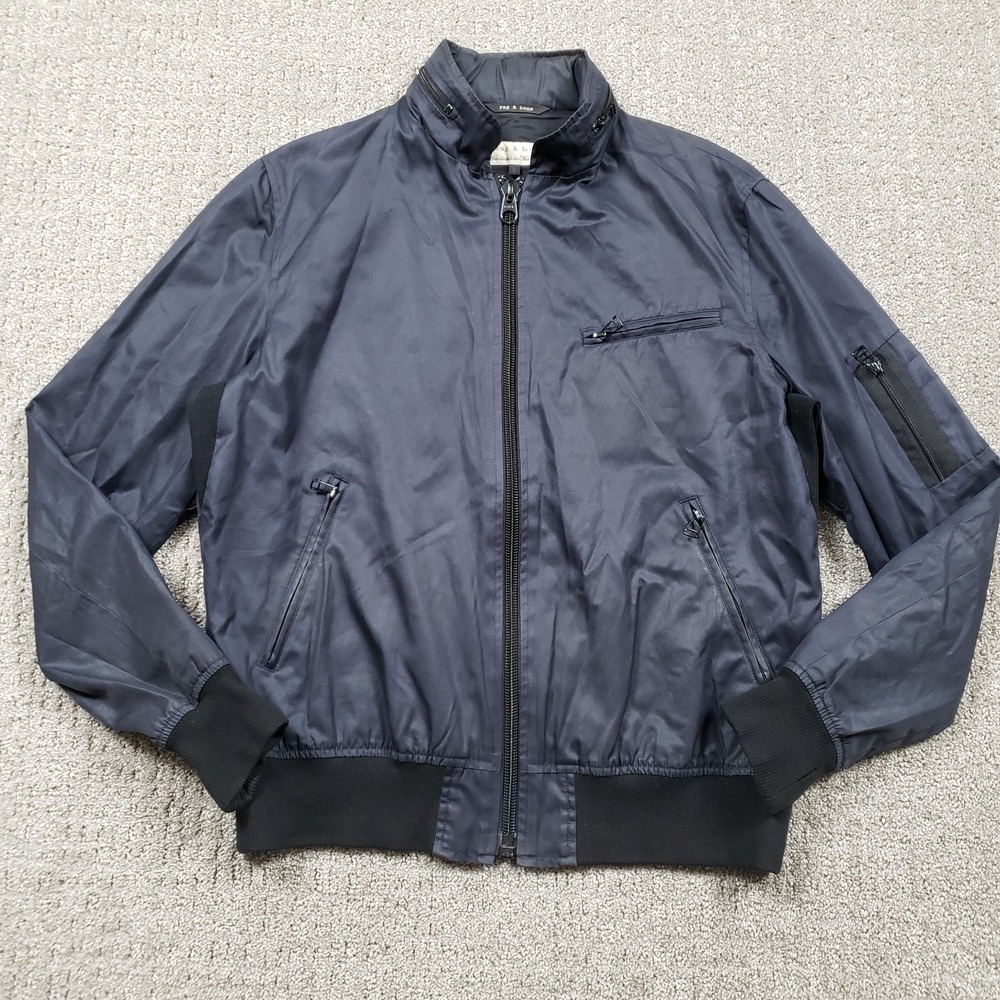 Rag & Bone Bomber Jacket Mens Large Navy Blue Black Full Zip Hideaway Hood